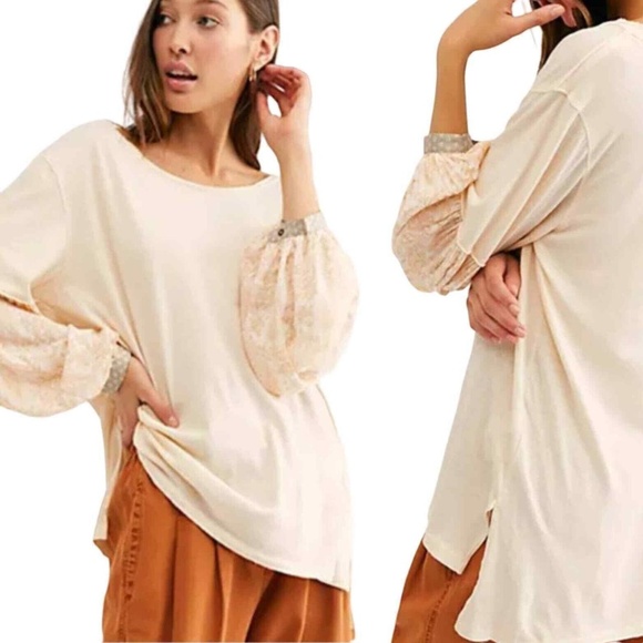 We The Free-Free People Jade Long Balloon Sleeve Pattern Print Top In Cream - Picture 7 of 7
